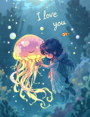 The primary subject of the image is a little girl hugging a large, cute, and colorful jellyfish. The setting is a nighttime scene with a starry background, creating a magical and whimsical atmosphere. The visual style is a digital art or illustration, showcasing the girl and the jellyfish in a vibrant and imaginative manner. The colors and mood are predominantly warm and inviting, with the starry background adding a touch of wonder and enchantment to the scene.