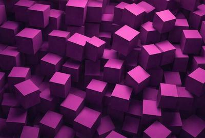 The primary subject of the image is a large pile of purple cubes. The setting is a dark background, which contrasts with the bright purple color of the cubes. The visual style appears to be a digital art or illustration, as the cubes are arranged in a visually appealing manner. The dominant colors are purple and black, creating a moody and dramatic atmosphere.