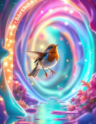 Primary subject: A small bird with a red breast, perched on a branch.

Setting/background: The bird is perched on a branch in front of a colorful, swirling background.

Visual style: The image is a digital art or illustration.

Colors and mood: The bird is red and blue, and the overall atmosphere is vibrant and lively.