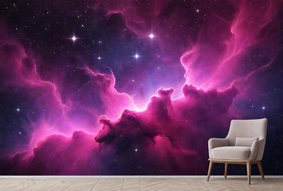The primary subject of the image is a large, colorful mural of a galaxy on a wall. The setting is a room with a chair placed in front of the wall, creating a focal point for the artwork. The visual style is a combination of digital art and illustration, with the mural featuring a vibrant pink and purple color scheme. The overall atmosphere is one of wonder and exploration, as the mural captures the beauty and complexity of the galaxy.