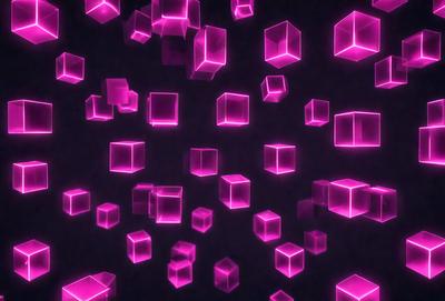 The primary subject of the image is a collection of pink cubes or squares, which are scattered throughout the scene. The setting appears to be a dark background, which contrasts with the bright pink color of the cubes. The visual style of the image is a mix of digital art and illustration, as the cubes are arranged in a pattern and the overall atmosphere is vibrant and lively.