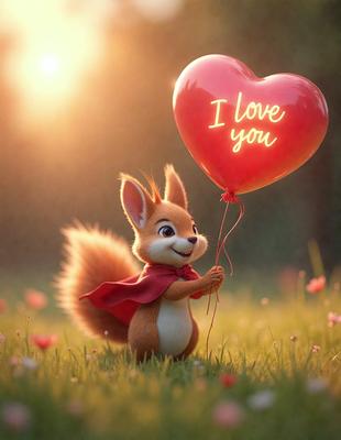 The primary subject of the image is a cartoon bunny holding a red heart-shaped balloon. The setting is a grassy field with flowers, creating a pleasant and colorful environment. The visual style is a digital art or illustration, giving the scene a whimsical and playful appearance. The dominant colors are red and green, with the red heart-shaped balloon being the most prominent feature in the scene. The overall atmosphere is cheerful and lighthearted.