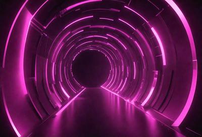 The primary subject of the image is a tunnel with a pink lighting effect. The setting is a dark room, and the visual style appears to be a digital art or illustration. The dominant colors in the image are pink and purple, creating a unique and atmospheric environment.