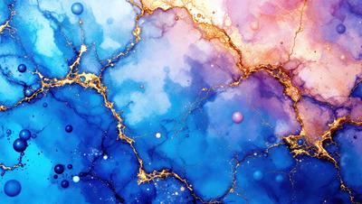 The primary subject of the image is a blue and gold painting with a swirling design. The setting is a blue background, and the visual style appears to be a digital art or illustration. The dominant colors in the painting are blue and gold, creating a vibrant and lively atmosphere.