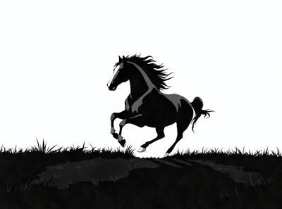 Primary subject: A black and white horse running in a grassy field.

Setting/background: The horse is running in a grassy field, with a white background.

Visual style: The image is a black and white illustration.

Colors and mood: The image has a monochromatic color scheme, giving it a classic and timeless feel.