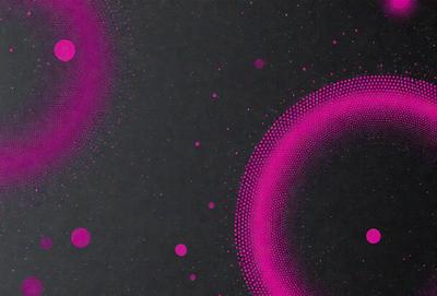 The primary subject of the image is a black background with a pattern of pink and purple dots. The setting appears to be a dark room, and the visual style is a combination of digital art and illustration. The dominant colors are pink and purple, creating a vibrant and lively atmosphere.