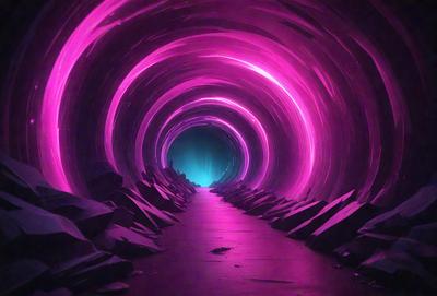 The primary subject of the image is a tunnel with a purple light illuminating it. The tunnel appears to be made of stone and has a unique, futuristic design. The setting is a dark, underground environment, and the visual style is a combination of photo and digital art. The dominant colors in the image are purple and black, creating a moody and mysterious atmosphere.