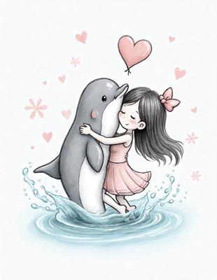 The image features a little girl hugging a dolphin, which is a cute and heartwarming scene. The girl is wearing a pink dress, and the dolphin is positioned in the water. The setting appears to be a beach or a water-based environment, and the visual style is a combination of digital art and illustration. The colors in the image are predominantly pink and blue, creating a warm and cheerful atmosphere.