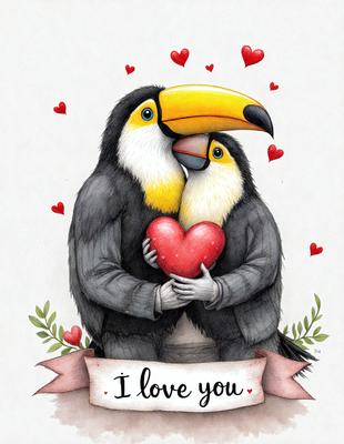The image features two birds, possibly parrots, with hearts in their mouths. They are holding a heart between them, symbolizing love. The birds are standing on a heart-shaped surface, which adds to the romantic atmosphere of the scene. The visual style of the image is a combination of digital art and illustration, creating a whimsical and charming scene.