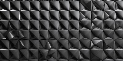 The primary subject of the image is a black wall with a pattern of geometric shapes. The setting is a dark room, and the visual style appears to be a combination of a photo and digital art. The dominant colors are black and grey, creating a moody atmosphere.