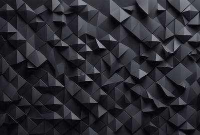 The primary subject of the image is a black wall with a geometric pattern. The setting is a dark room, and the visual style appears to be a digital art or illustration. The dominant colors are black and grey, creating a moody atmosphere.