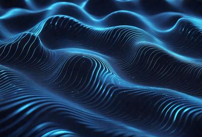 The primary subject of the image is a blue, wavy surface that resembles a water surface. The setting is a dark background, which contrasts with the blue surface. The visual style is a digital art or illustration, creating a unique and captivating image. The dominant colors are blue and black, giving the image a calm and serene atmosphere.