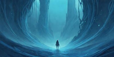 The primary subject of the image is a person, likely a woman, walking through a cave. The setting is a dark, blue-lit cave with a blue-green background. The visual style appears to be a digital art or illustration, creating a dramatic and moody atmosphere. The colors and mood of the image are predominantly dark and mysterious, with the blue-green lighting adding to the overall ambiance.