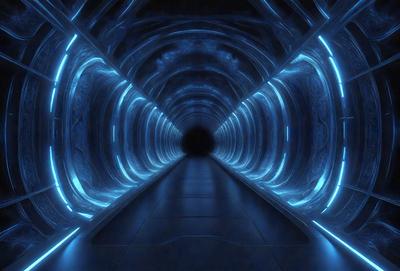 The primary subject of the image is a long, narrow, and dark tunnel. The setting is a tunnel with a blue light illuminating it, creating a unique atmosphere. The visual style is a combination of a photo and digital art, as the tunnel appears to be a part of a futuristic cityscape. The colors and mood are predominantly blue, giving the scene a sense of depth and mystery.
