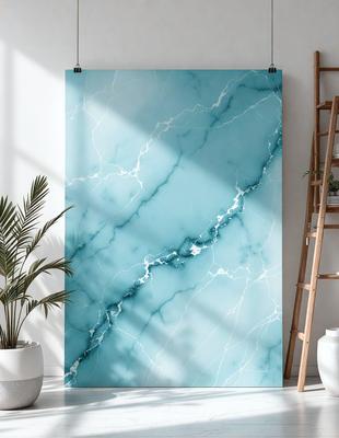 The primary subject of the image is a large, blue, marbled painting. The painting is displayed on a wall, and it appears to be a piece of artwork. The setting is a room with a white wall, and the visual style is a painting. The dominant colors in the painting are blue and white, creating a calm and serene atmosphere.