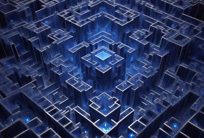 The primary subject of the image is a three-dimensional, blue-tinted, geometric pattern. The setting is a blue background, and the visual style appears to be a digital art or illustration. The dominant colors are blue and white, creating a calm and serene atmosphere.