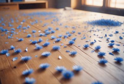 The primary subject of the image is a wooden table with a blue flower pattern on it. The table is set against a wooden background, and the visual style appears to be a combination of photo and digital art. The dominant colors in the image are blue and white, creating a calm and serene atmosphere.