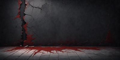 The primary subject of the image is a red substance, likely blood, spreading across a wooden floor. The setting is a dark room with a wall, and the visual style appears to be a digital art or illustration. The dominant colors are red and black, creating a dramatic and intense atmosphere.
