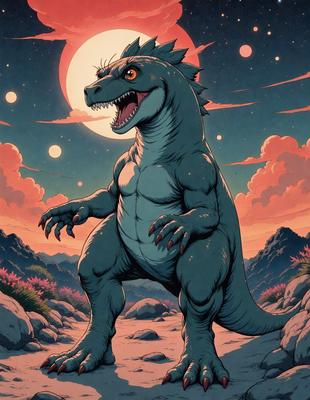 Primary subject: A large blue dinosaur with a mouth open, standing on a rocky surface.

Setting/background: The dinosaur is standing on a rocky surface with a sky background.

Visual style: The image is a digital art illustration.

Colors and mood: The dominant colors are blue and orange, with a slightly menacing mood.
