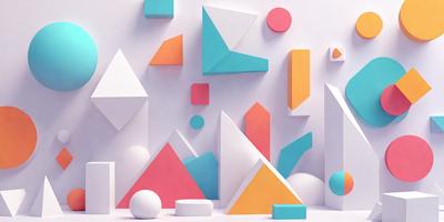 The primary subject of the image is a collection of geometric shapes, including triangles, squares, and circles, arranged in various colors and sizes. The setting is a white wall, which serves as the background for the shapes. The visual style is a combination of digital art and illustration, creating a vibrant and colorful display. The dominant colors are pink, blue, yellow, and orange, giving the scene a lively and cheerful atmosphere.