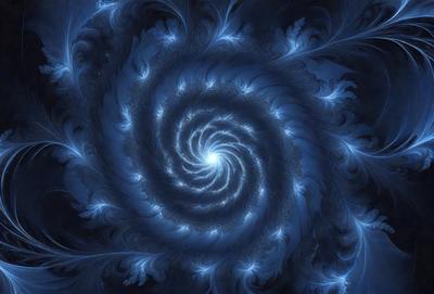 The primary subject of the image is a spiral pattern, which is the main object, scene, or focus of the image. The spiral pattern is set against a blue background, creating a visually striking contrast. The image is a digital art piece, showcasing the artist's creativity and skill in designing intricate patterns. The overall atmosphere of the image is serene and calming, with the blue color evoking a sense of tranquility.