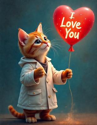 The primary subject of the image is a small orange and white cat. The cat is wearing a white jacket and is holding onto a red heart-shaped balloon. The setting is a blue background, and the visual style is a digital art illustration. The colors and mood of the image are warm and cheerful, with the orange and white cat and the red heart-shaped balloon creating a sense of love and affection.