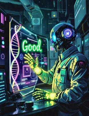 The primary subject of the image is a robot, which is sitting in front of a computer screen. The robot is wearing a white suit and appears to be working on the computer. The setting is a futuristic environment, with the robot sitting in front of a computer screen that displays a DNA sequence. The visual style is a digital art or illustration, with the robot and computer screen being the main focus of the image. The colors and mood of the image are predominantly blue and green, giving it a futuristic and technological atmosphere.