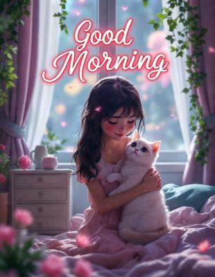 The primary subject of the image is a young girl holding a white cat. The setting is a bedroom with a bed in the background. The visual style is a digital art illustration, creating a warm and cozy atmosphere. The dominant colors are pink and white, which are associated with the girl's outfit and the cat's fur.