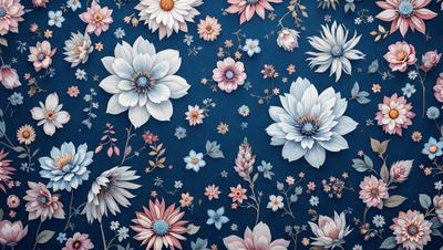 The primary subject of the image is a beautifully designed wallpaper featuring a pattern of white and pink flowers. The setting is a blue background, which complements the vibrant colors of the flowers. The visual style is a combination of digital art and illustration, creating a realistic and appealing design. The dominant colors are white and pink, which evoke a sense of freshness and warmth. Overall, the image exudes a pleasant and inviting atmosphere.
