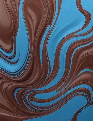 The primary subject of the image is a close-up of a chocolate-covered cake with swirls and patterns. The setting is a blue background, which adds a contrasting color to the scene. The visual style appears to be a combination of a photo and digital art, as the cake's texture and patterns are captured in a detailed manner. The colors and mood of the image are predominantly dark, with the chocolate cake being the main focus, creating a rich and indulgent atmosphere.