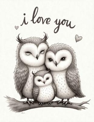 The image features a group of three owls, with one large owl and two smaller ones, standing close to each other. They are all looking at the camera, creating a sense of connection and togetherness. The owls are positioned on a branch, which serves as the primary subject of the image. The setting is a natural environment, with the owls being the main focus of the scene. The visual style is a combination of digital art and illustration, giving the image a unique and artistic appearance. The colors and mood of the image are predominantly dark and moody, with the owls' eyes being the most prominent feature, adding a sense of depth and intrigue to the scene.