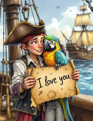 The primary subject of the image is a woman holding a parrot. The setting is a ship, with the woman standing on a boat. The visual style is a digital art illustration, and the colors and mood are vibrant and lively.
