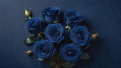 The primary subject of the image is a bouquet of blue roses. The setting is a dark blue background, which creates a dramatic and moody atmosphere. The visual style is a close-up of the bouquet, showcasing the details of the blue roses. The colors and mood of the image are predominantly dark and mysterious, with the blue roses being the main focal point.