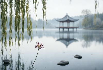 Primary subject: A single flower blooming in a pond.

Setting/background: The pond is surrounded by a forest, and there is a pavilion nearby.

Visual style: The image is a photo of the flower in the pond.

Colors and mood: The flower is white, and the pond is surrounded by greenery, creating a serene and peaceful atmosphere.