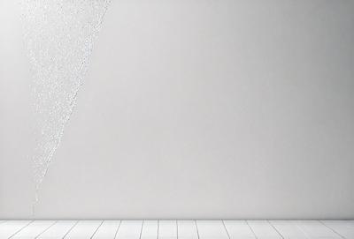 The primary subject of the image is a shower curtain, which is hanging on a wall. The setting is a bathroom, and the visual style is a photo. The colors and mood of the image are predominantly white, giving it a clean and minimalist appearance.