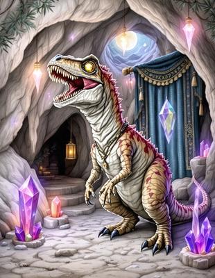 The primary subject of the image is a large, white, and red dinosaur, likely a T-Rex, standing in a cave. The setting is a dark, cave-like environment with a few lights illuminating the area. The visual style is a digital art or illustration, giving the image a vibrant and detailed appearance. The dominant colors are red, white, and purple, creating a bold and striking scene.