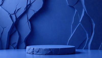 The primary subject of the image is a blue, circular object, possibly a table or a sculpture, placed in a blue room. The setting is a blue room with a blue wall, and the visual style appears to be a digital art or illustration. The colors and mood of the image are predominantly blue, creating a calm and serene atmosphere.