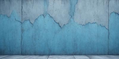 The primary subject of the image is a blue wall with a peeling paint effect. The setting is a room with a concrete wall, and the visual style is a digital art or illustration. The dominant colors are blue and grey, creating a moody atmosphere.