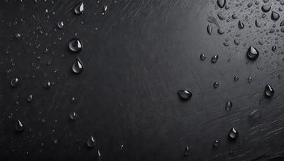 The primary subject of the image is a black surface with water droplets on it. The setting is a dark background, and the visual style appears to be a close-up of the black surface. The colors and mood of the image are predominantly dark, with the water droplets adding a touch of brightness to the scene.