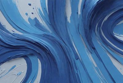 The primary subject of the image is a blue and white painting of a wave. The setting is a canvas, and the visual style is a painting. The dominant colors are blue and white, creating a calm and serene atmosphere.