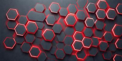 The primary subject of the image is a large, red, hexagonal pattern. The setting is a black background, which contrasts with the red hexagons. The visual style is a digital art or illustration, as the hexagons are arranged in a visually appealing manner. The dominant colors are red and black, creating a bold and striking atmosphere.