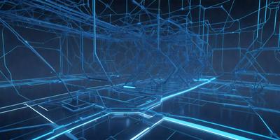 The primary subject of the image is a futuristic, blue-lit environment with a maze-like structure. The setting appears to be a dark room with a blue-tinted atmosphere. The visual style of the image is a combination of digital art and illustration, creating a unique and intriguing scene. The colors and mood of the image are predominantly blue, giving it a futuristic and mysterious feel.