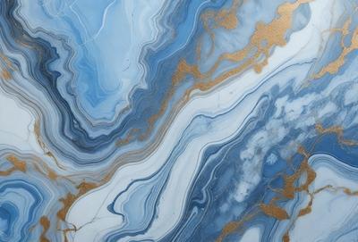 The primary subject of the image is a blue and gold marble tile. The setting is a wall with the marble tile as the main focus. The visual style is a close-up of the tile, showcasing its intricate design. The dominant colors are blue and gold, creating a luxurious and elegant atmosphere.