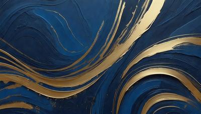 The primary subject of the image is a painting featuring a blue background with gold and blue swirls. The setting is a wall, and the visual style appears to be a combination of digital art and illustration. The dominant colors in the painting are blue and gold, creating a sense of depth and movement.