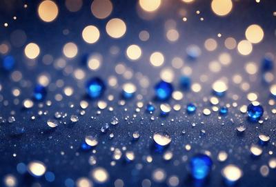 The primary subject of the image is a close-up of raindrops on a dark background. The setting is a nighttime scene with a blue background, giving the image a moody and atmospheric feel. The visual style is a close-up of raindrops, which creates a sense of depth and focus on the subject. The colors are predominantly blue, which adds to the overall mood of the image.