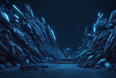 The primary subject of the image is a blue, rocky landscape with a blue sky in the background. The setting appears to be a futuristic, underground environment. The visual style is digital art, as the image is a digital rendering of a rocky cave. The dominant colors are blue and grey, creating a moody atmosphere.