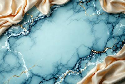 The primary subject of the image is a marble table with a blue marble top. The table is set against a backdrop of a gold and blue marble wall. The visual style of the image is a photo, capturing the intricate details of the marble table and wall. The colors and mood of the image are predominantly blue and gold, creating a luxurious and elegant atmosphere.