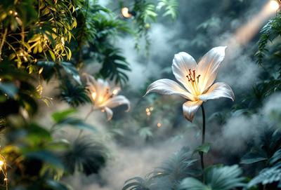 The primary subject of the image is a white flower, which is the main focus of the scene. The setting is a forest, with the flower surrounded by green leaves and a misty atmosphere. The visual style of the image is a photo, capturing the beauty of the flower in its natural environment. The dominant colors in the image are white and green, creating a serene and peaceful mood.