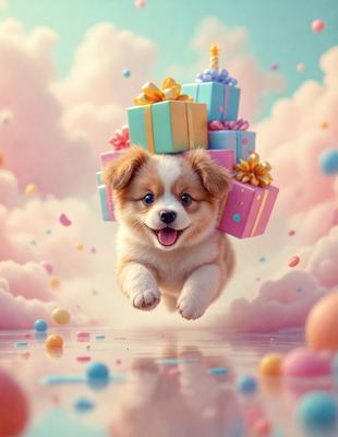 The primary subject of the image is a small dog with a big smile, wearing a hat and carrying a large number of presents. The dog is flying through the air, creating a playful and joyful atmosphere. The setting is a pink and white cloudy sky, which adds to the whimsical and imaginative visual style of the image. The colors and mood of the image are predominantly pink and white, giving it a cheerful and lighthearted feel.