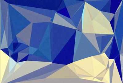 The primary subject of the image is a blue and white geometric pattern, which appears to be a digital art or illustration. The setting is a blue sky, and the visual style is modern and abstract. The dominant colors are blue and white, creating a calm and serene atmosphere.